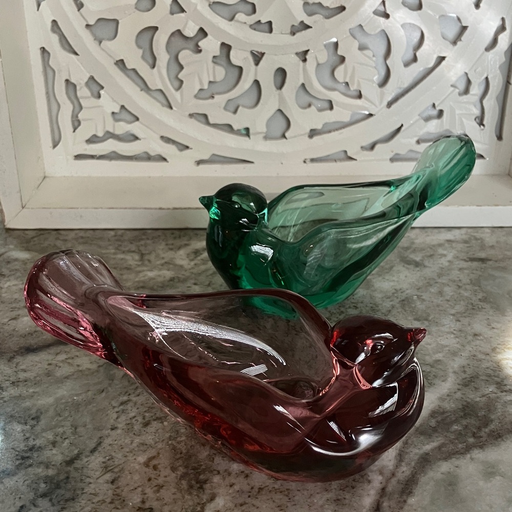 Vintage Fenton Art Glass Green & Red Glass Bird Figurines/Tea Light Holders 2 pc - Picture 3 of 11